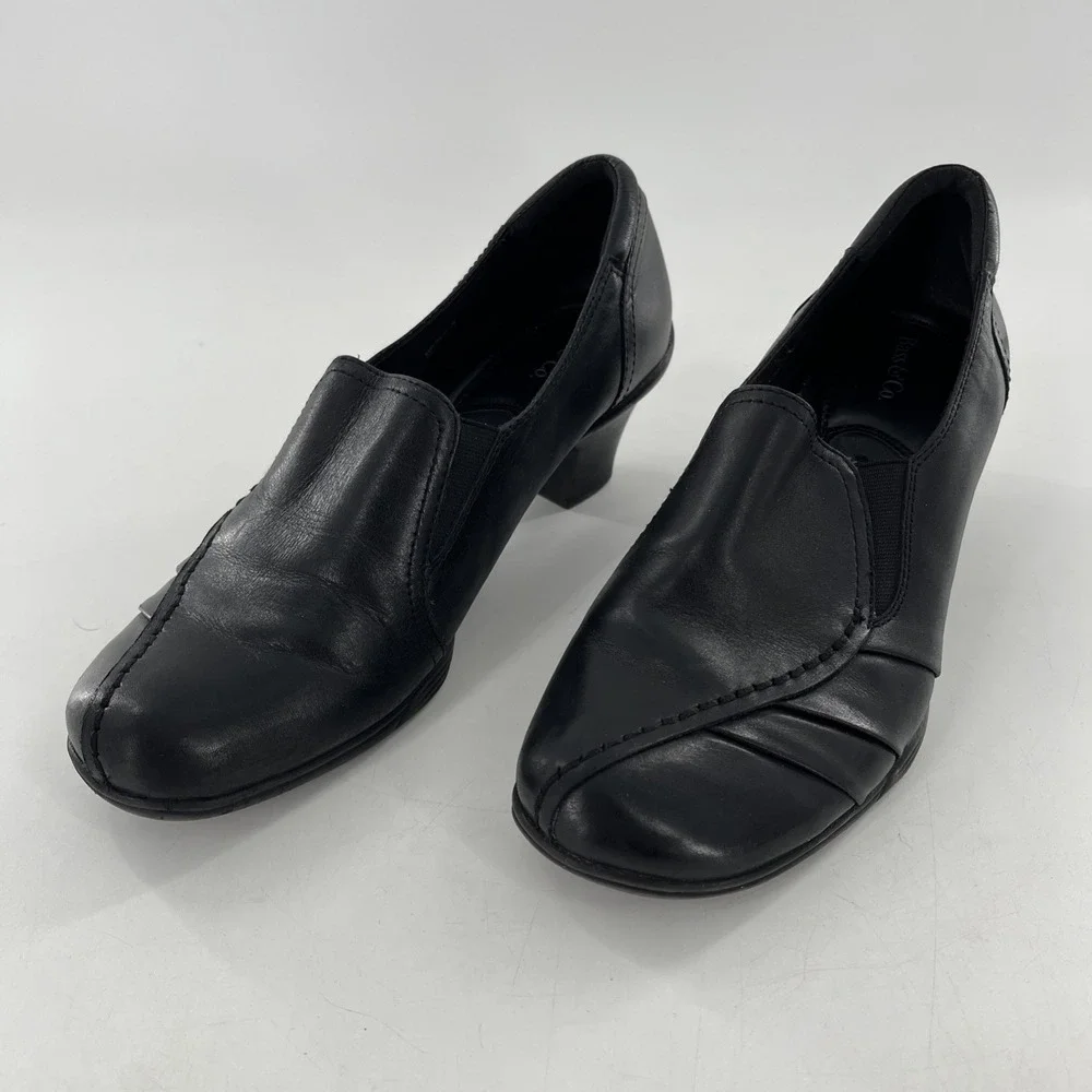 G H Bass & Co Leather Pump Low Chunky Heel Womens 9 M Black Kitten Ruched Tenley